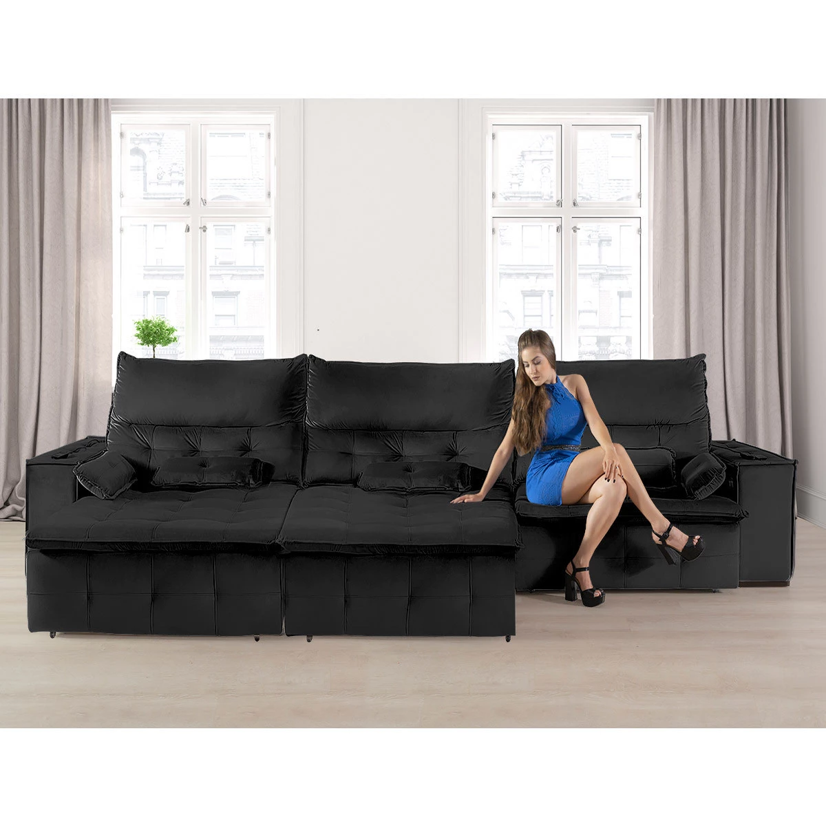 Sofá Fusion 3,30m Elétrico com USB e Vibro Massagem - Preto