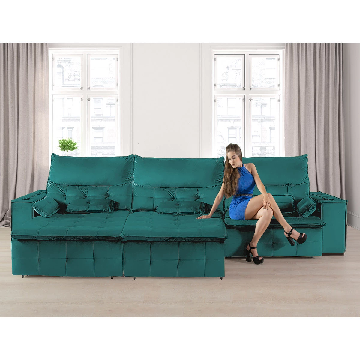 Sofá Fusion 3,30m Elétrico com USB e Vibro Massagem - Verde