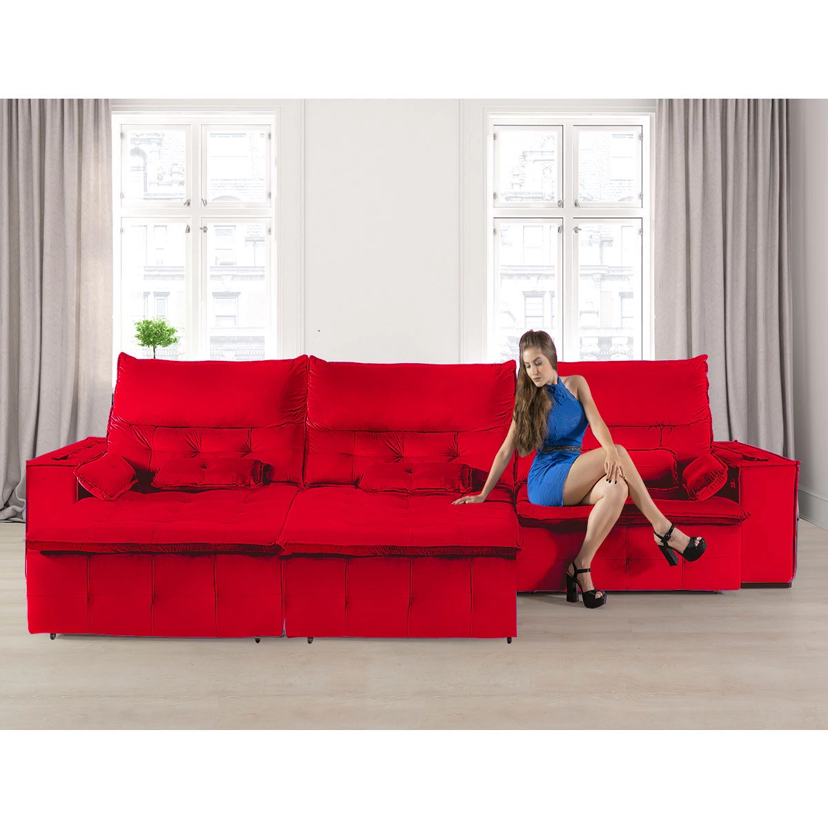Sofá Fusion 3,30m Elétrico com USB e Vibro Massagem - Vermelho