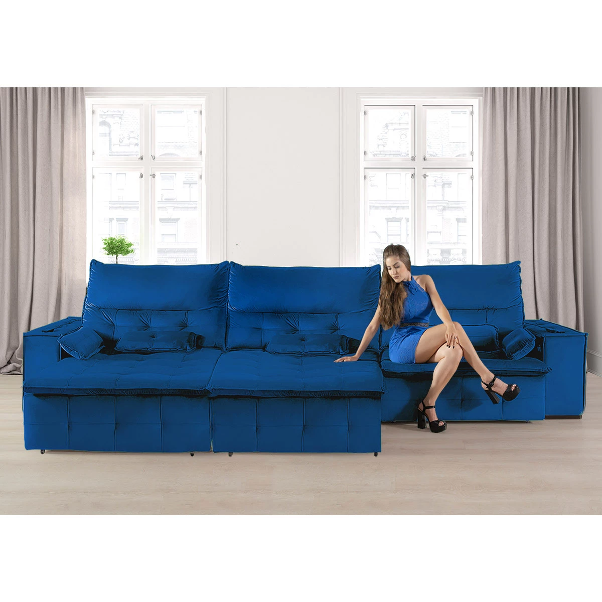 Sofá Fusion 3,60m Elétrico com USB e Vibro Massagem - Azul