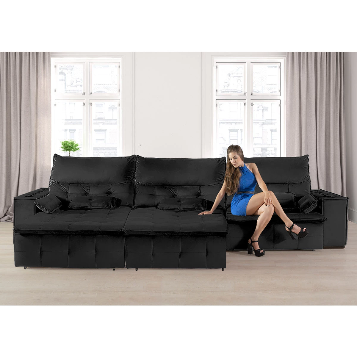Sofá Fusion 3,60m Elétrico com USB e Vibro Massagem - Preto
