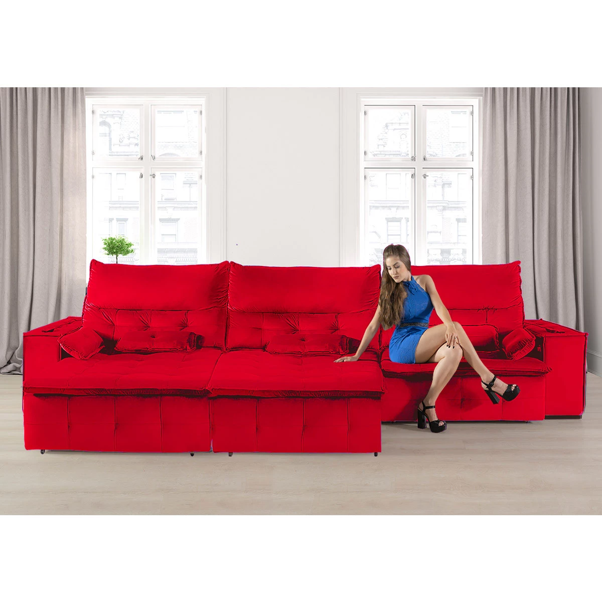 Sofá Fusion 3,60m Elétrico com USB e Vibro Massagem - Vermelho