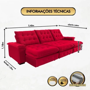 Sofá Coliseu 3,40m Retrátil e Reclinável Super Pillow - Vermelho