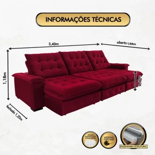 Sofá Coliseu 3,40m Retrátil e Reclinável Super Pillow - Vinho