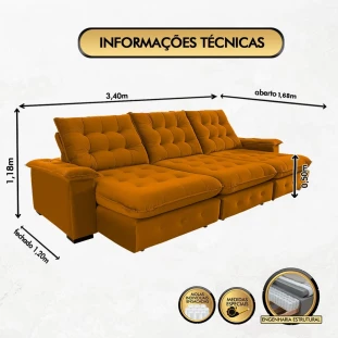 Sofá Coliseu 3,40m Retrátil e Reclinável Super Pillow - Terra