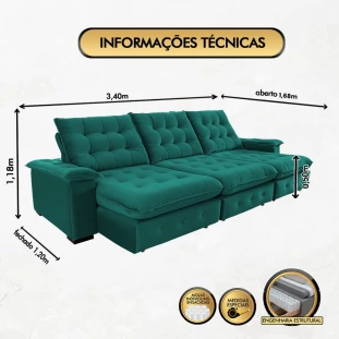 Sofá Coliseu 3,40m Retrátil e Reclinável Super Pillow - Verde
