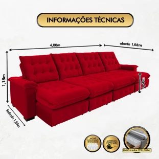 Sofá Coliseu 4,00m Retrátil e Reclinável Super Pillow - Vermelho