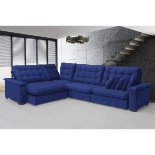Sofá Manchester 2,63x3,83m de Canto, Retrátil e Reclinável - Azul