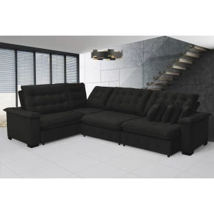 Sofá Manchester 2,63x3,83m de Canto, Retrátil e Reclinável - Preto