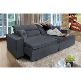 Sofá Londres 3,00m Retrátil e Reclinável Pillow Top - Chumbo