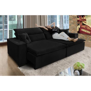 Sofá Londres 3,00m Retrátil e Reclinável Pillow Top - Preto