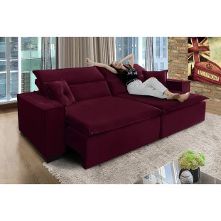 Sofá Londres 3,00m Retrátil e Reclinável Pillow Top - Vinho