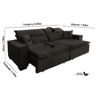 Sofá Londres 3,00m Retrátil e Reclinável Pillow Top - Marrom