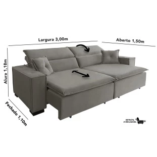 Sofá Londres 3,00m Retrátil e Reclinável Pillow Top - Avelã
