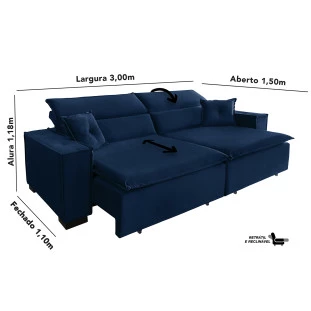 Sofá Londres 3,00m Retrátil e Reclinável Pillow Top - Azul