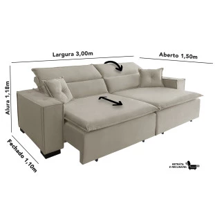 Sofá Londres 3,00m Retrátil e Reclinável Pillow Top