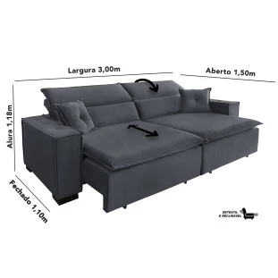 Sofá Londres 3,00m Retrátil e Reclinável Pillow Top - Chumbo
