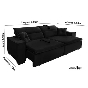 Sofá Londres 3,00m Retrátil e Reclinável Pillow Top - Preto