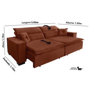 Sofá Londres 3,00m Retrátil e Reclinável Pillow Top - Terra