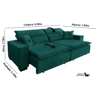 Sofá Londres 3,00m Retrátil e Reclinável Pillow Top - Verde
