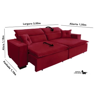 Sofá Londres 3,00m Retrátil e Reclinável Pillow Top - Vermelho
