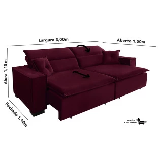 Sofá Londres 3,00m Retrátil e Reclinável Pillow Top - Vinho